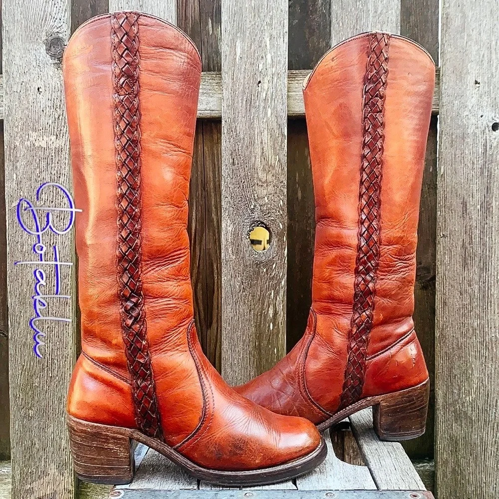 FRYE True Vintage Black Label Tall Knee High Braided Campus Brown Boots Size 7 - Picture 11 of 12